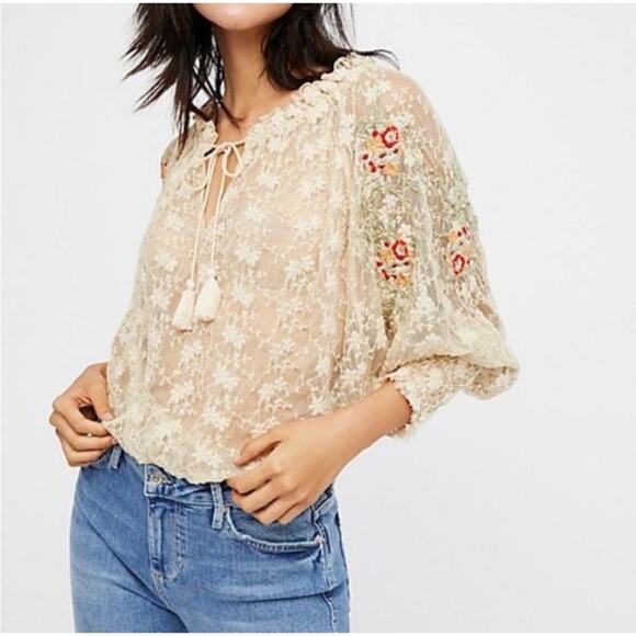 Free People Embroidered Lace Floral Pattern Boho Top Small - Picture 9 of 10